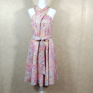 04099 Larry Levine multi-color polka dot crossed front fit and flare dress 10